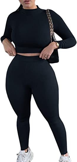 2 Piece Outfits Sexy Bodycon Long Sleeve Crop Top with Long Pants Tracksuit Set