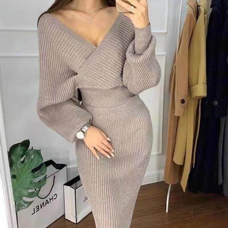 Women's Long Sleeve Sweater Skirt Two Piece Set Outfits Knitted Suit Solid Suit