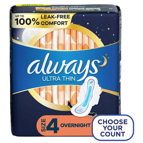 Always Ultra Thin Overnight Pads with Wings; Size 4 Overnight 36 Count
