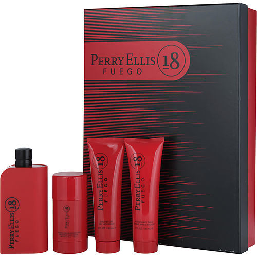 PERRY ELLIS 18 FUEGO by Perry Ellis EDT SPRAY 3.4 OZ & AFTERSHAVE BALM 3 OZ & DEODORANT STICK 2.75 OZ & SHOWER GEL 3 OZ