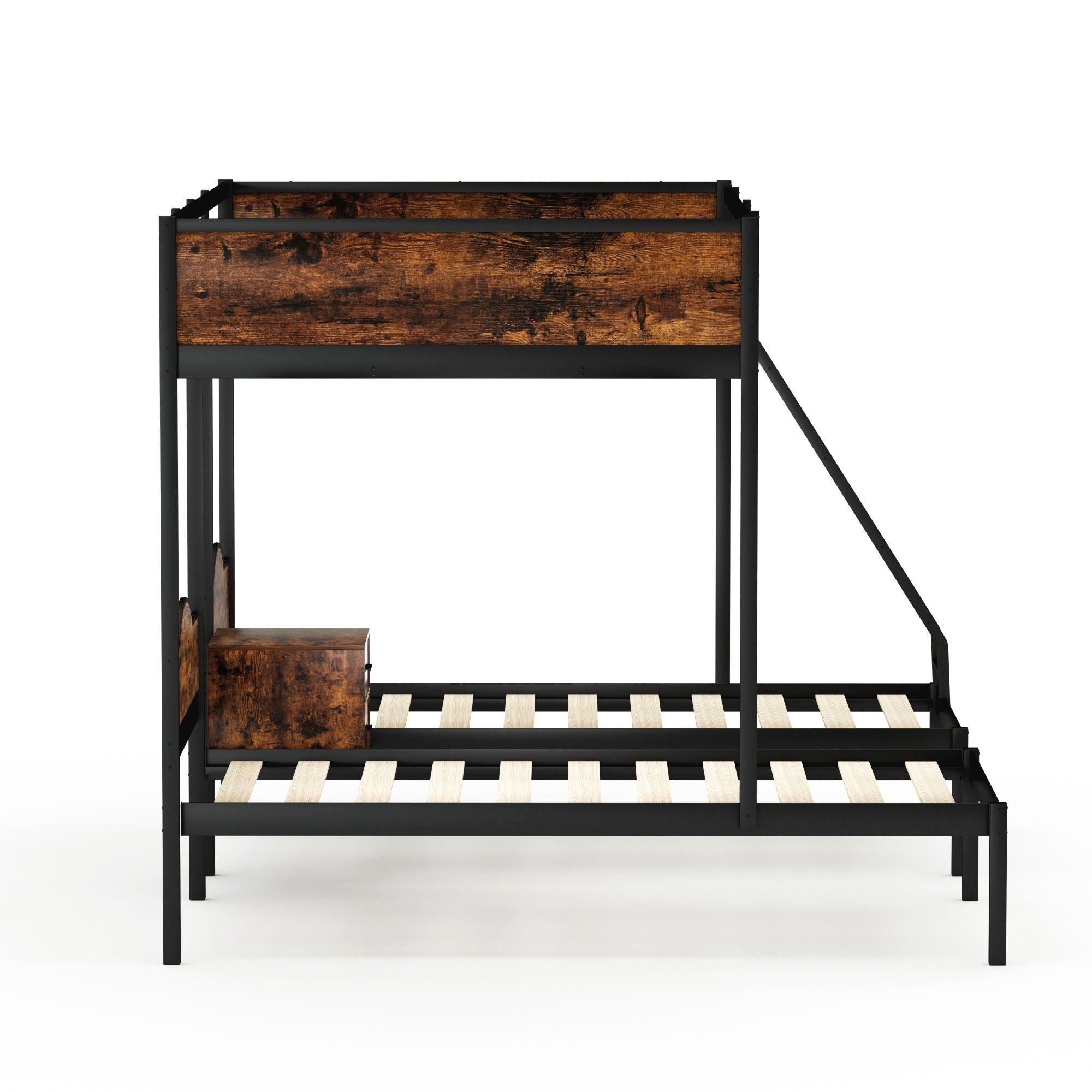 Full Over Twin & Twin Bunk Bed Metal With Nightstand and Guardrails.