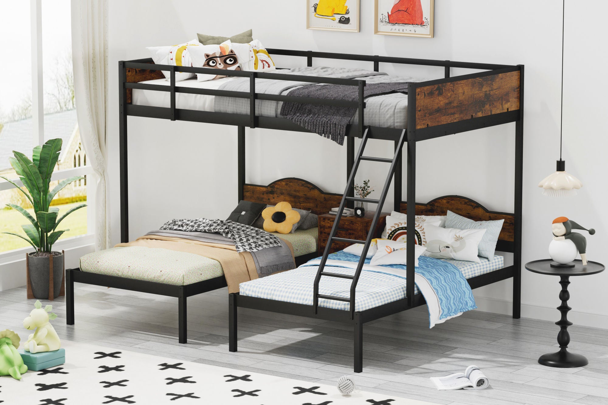Full Over Twin & Twin Bunk Bed Metal With Nightstand and Guardrails.