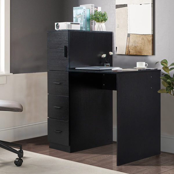 Black embossed particle board with melamine H-type 104.5*49*120cm, one door and three drawers, computer desk, 2 USBs, 2 power sockets