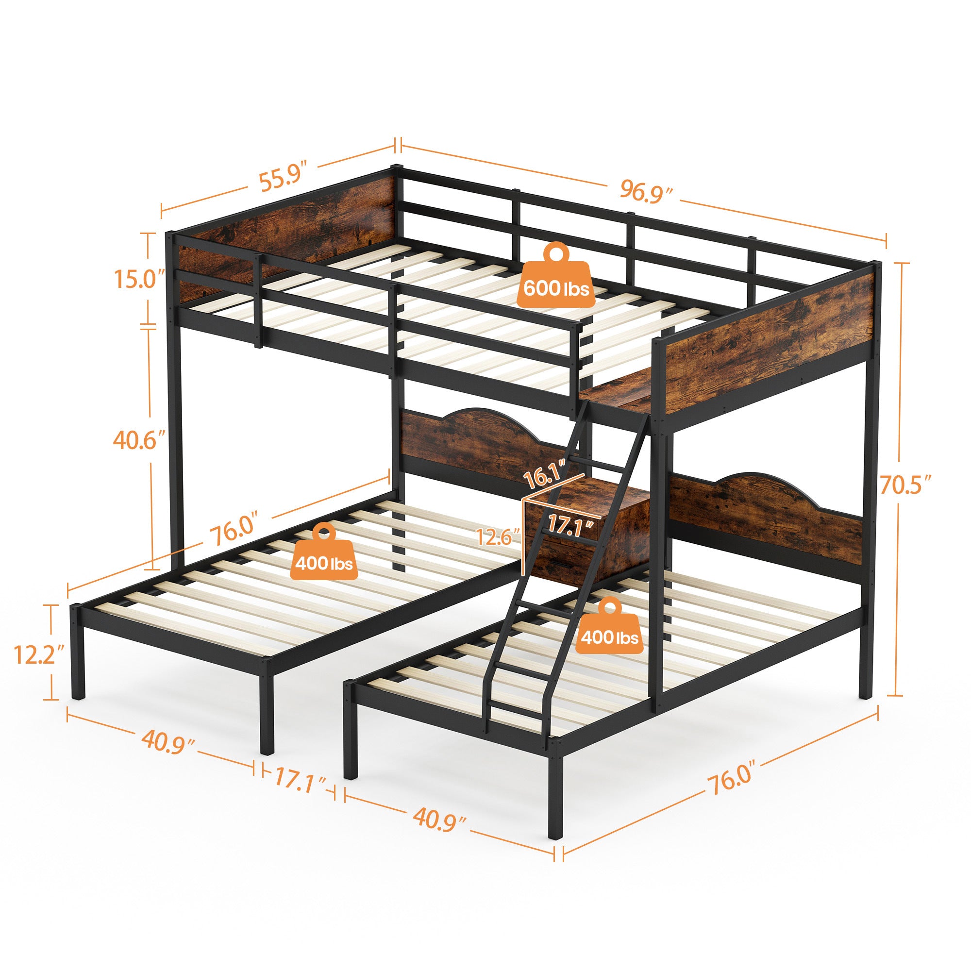 Full Over Twin & Twin Bunk Bed Metal With Nightstand and Guardrails.