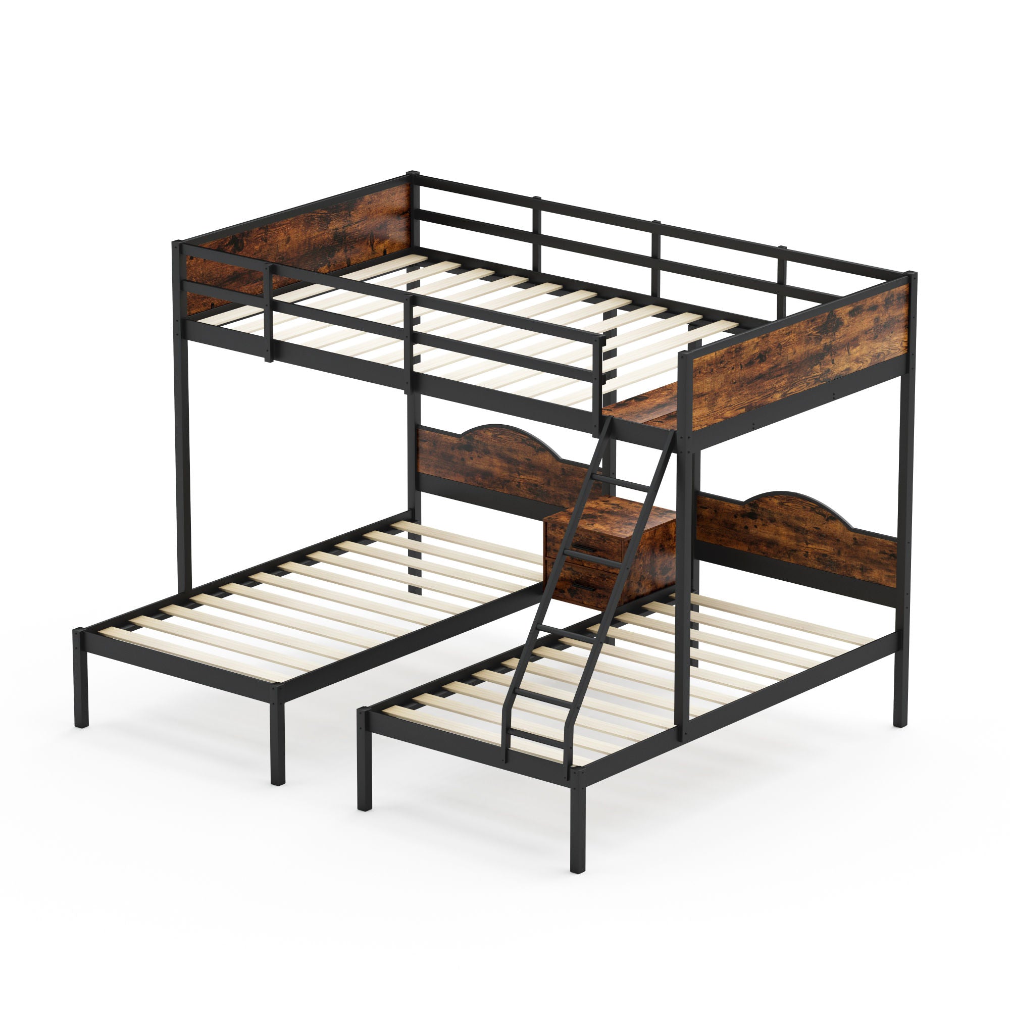 Full Over Twin & Twin Bunk Bed Metal With Nightstand and Guardrails.