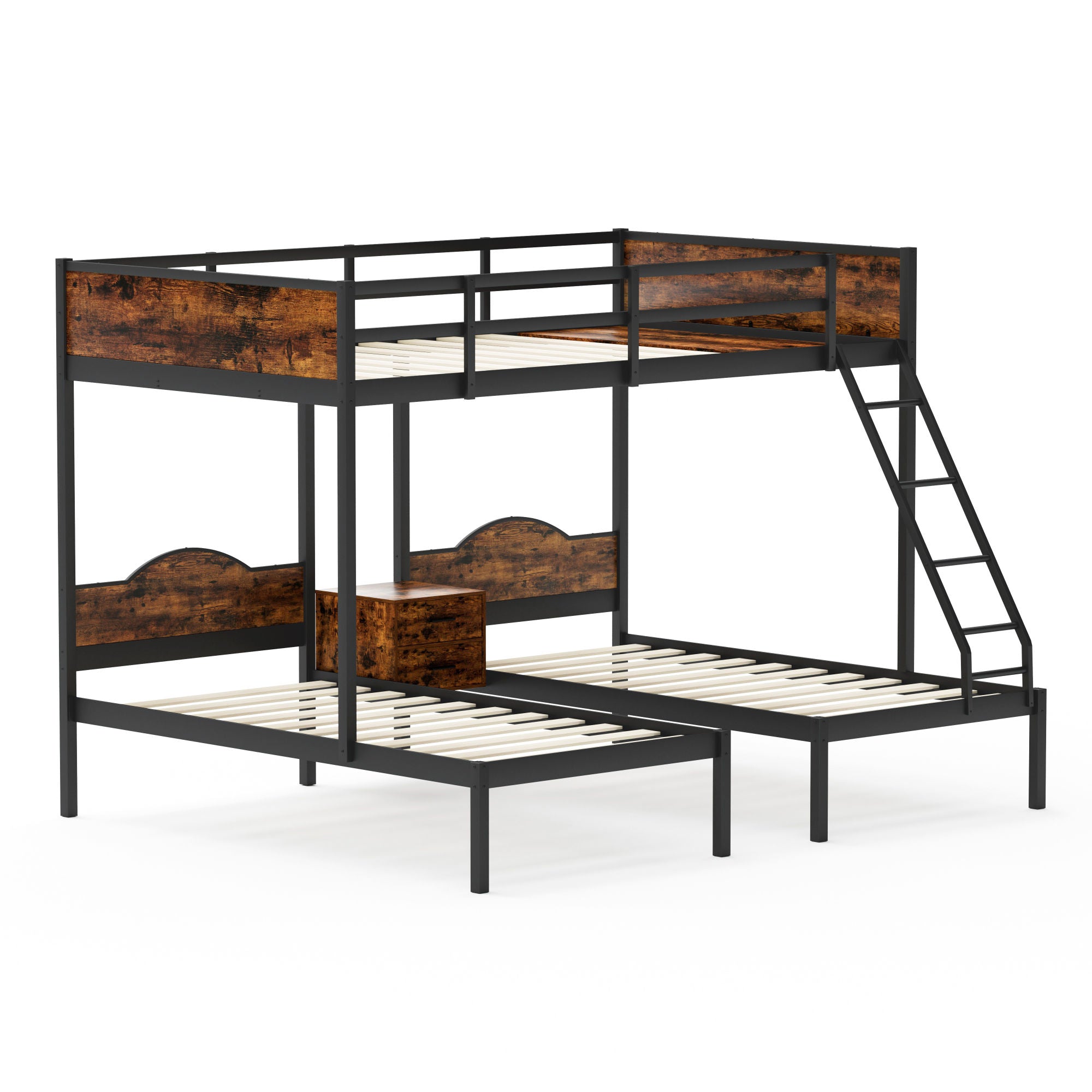 Full Over Twin & Twin Bunk Bed Metal With Nightstand and Guardrails.