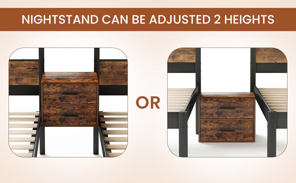 Full Over Twin & Twin Bunk Bed Metal With Nightstand and Guardrails.