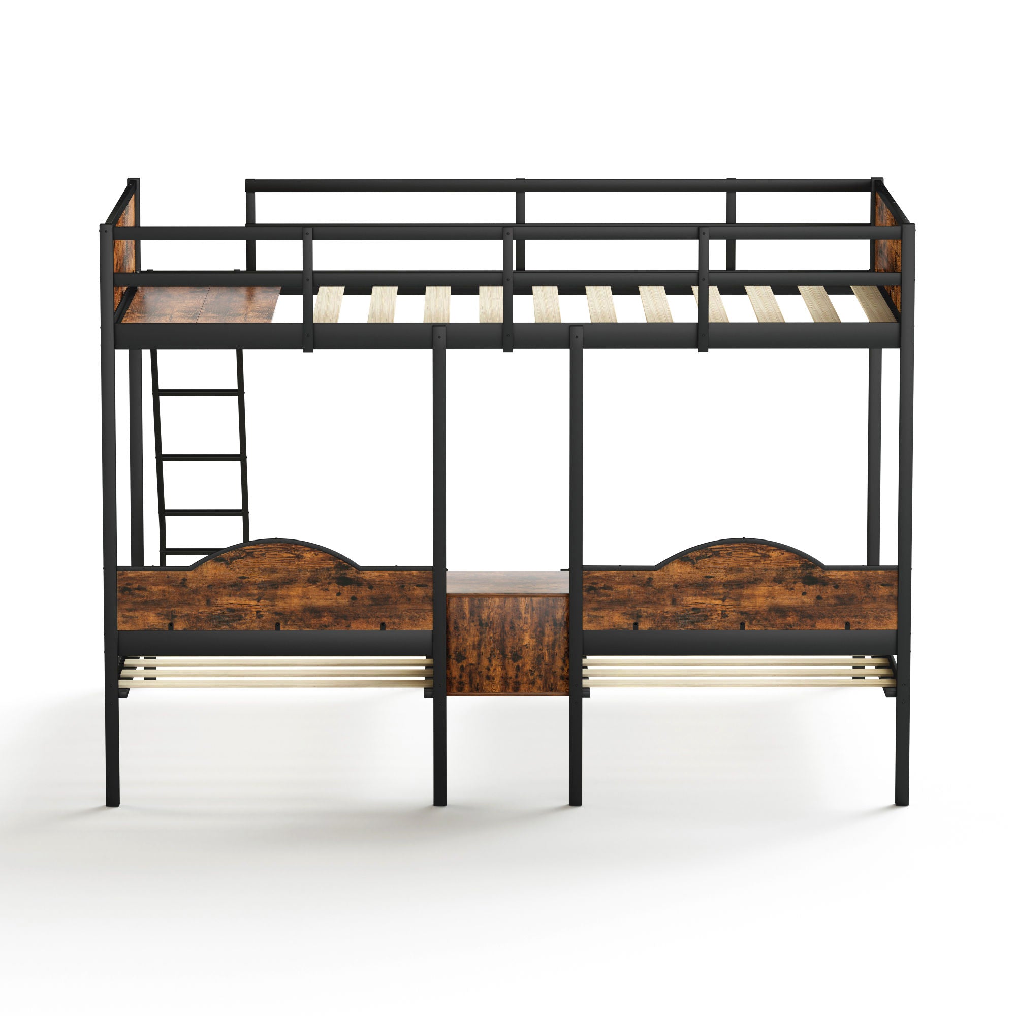 Full Over Twin & Twin Bunk Bed Metal With Nightstand and Guardrails.