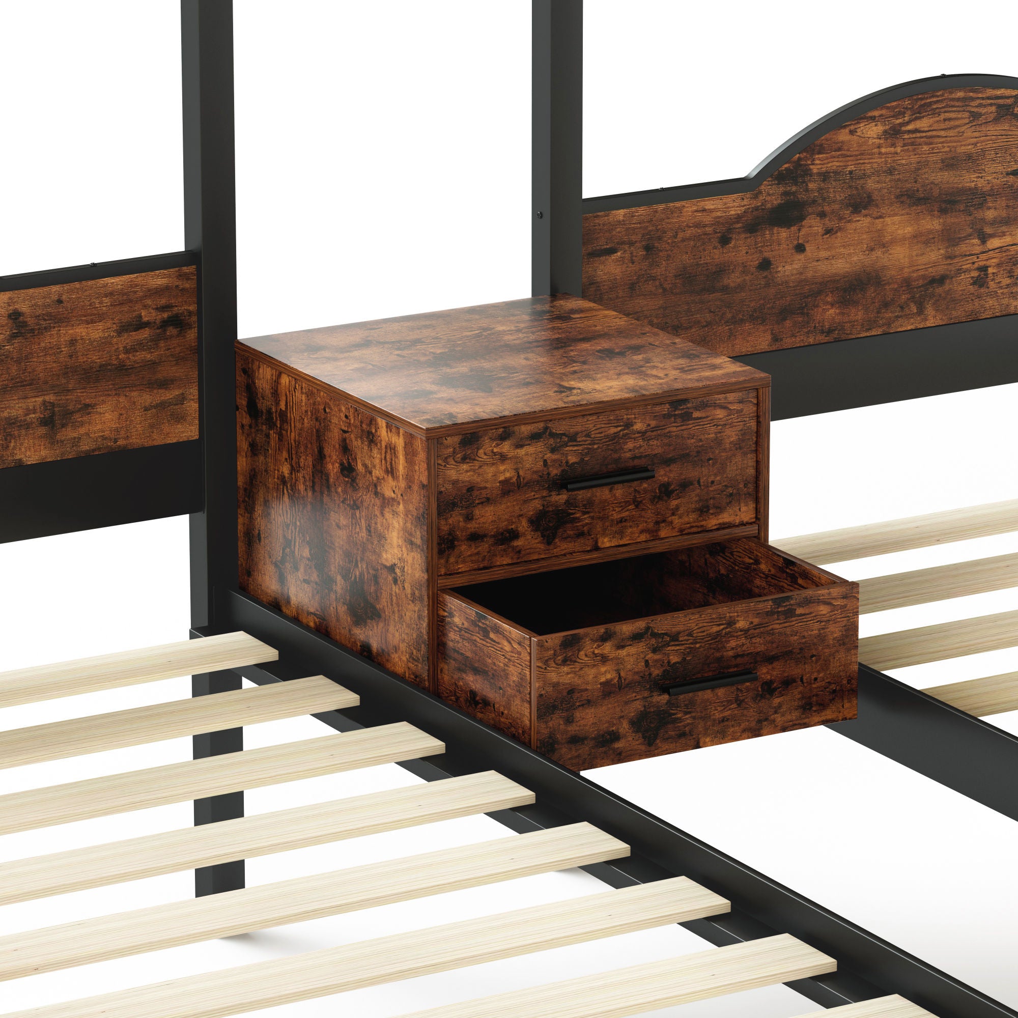 Full Over Twin & Twin Bunk Bed Metal With Nightstand and Guardrails.