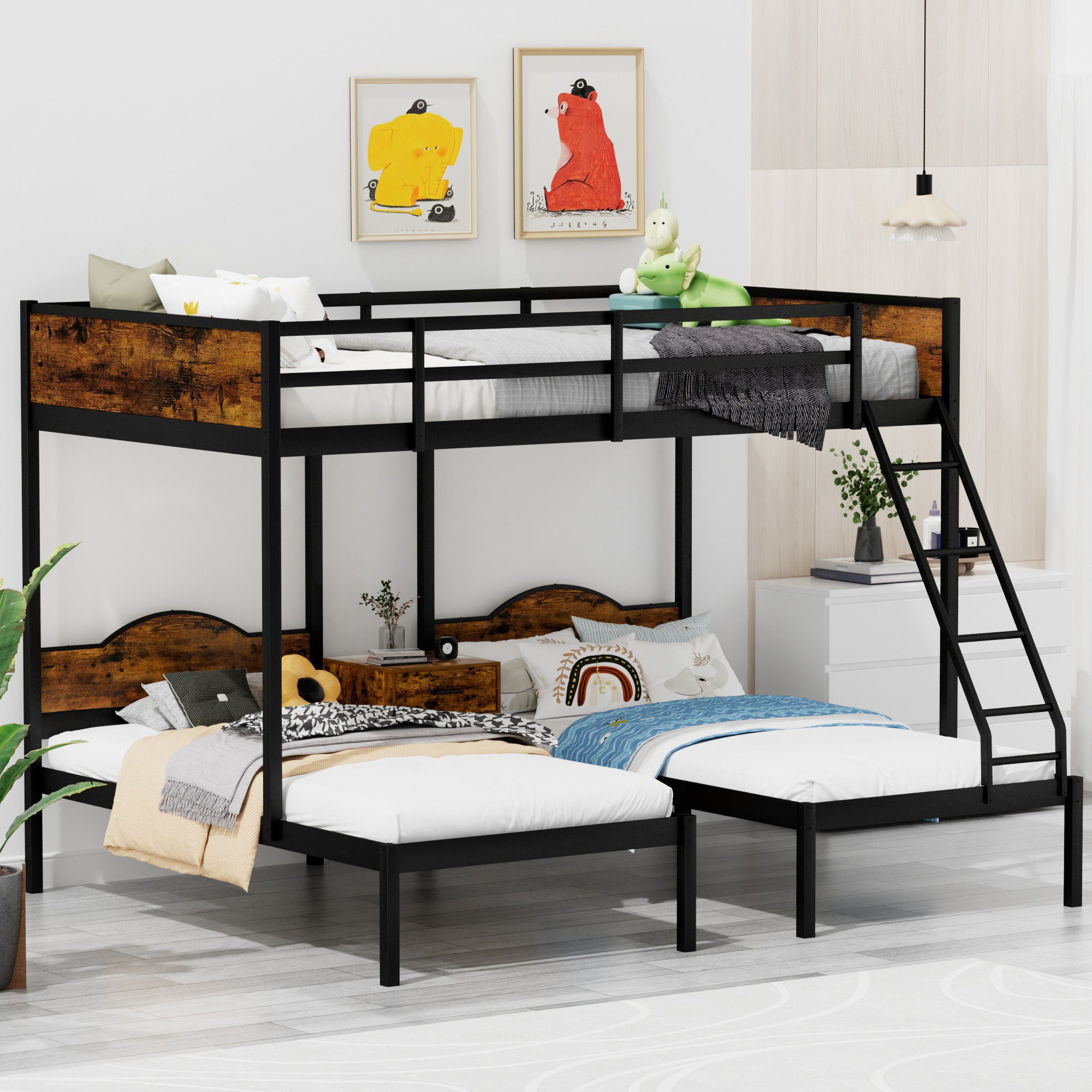 Full Over Twin & Twin Bunk Bed Metal With Nightstand and Guardrails.