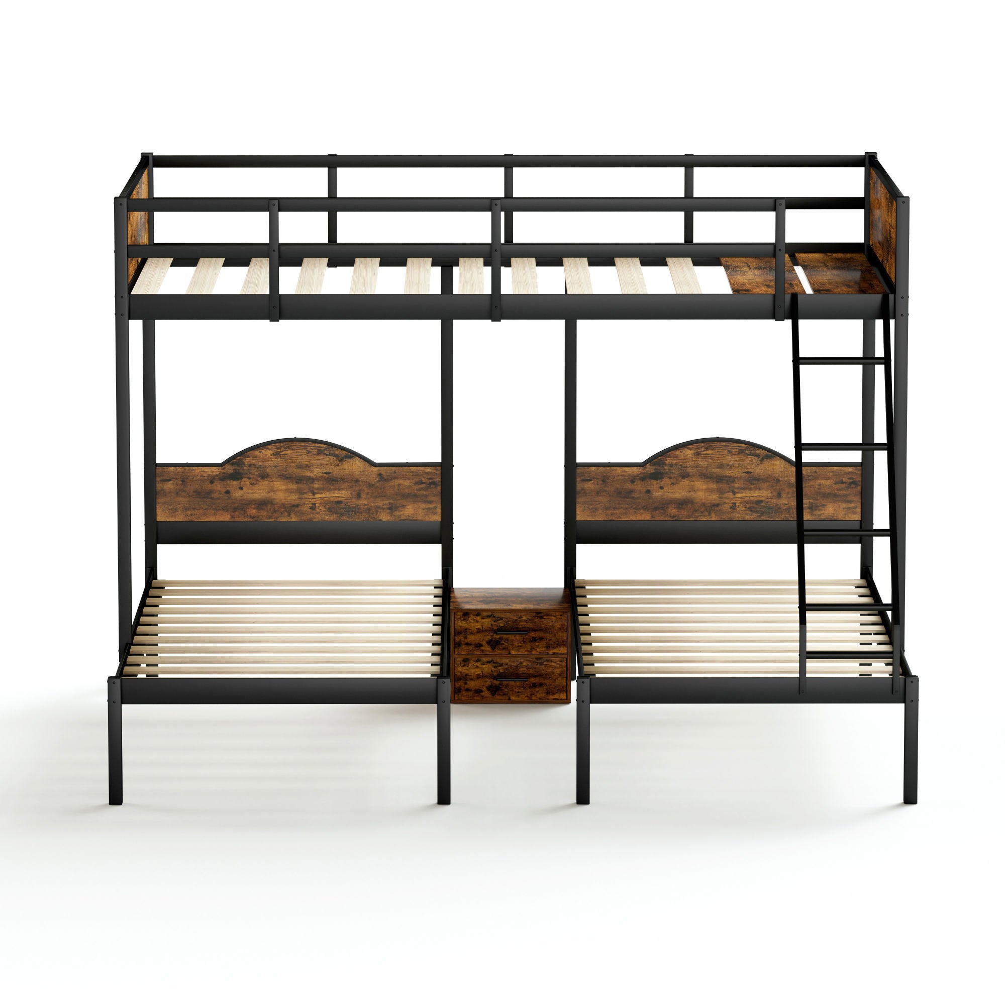 Full Over Twin & Twin Bunk Bed Metal With Nightstand and Guardrails.