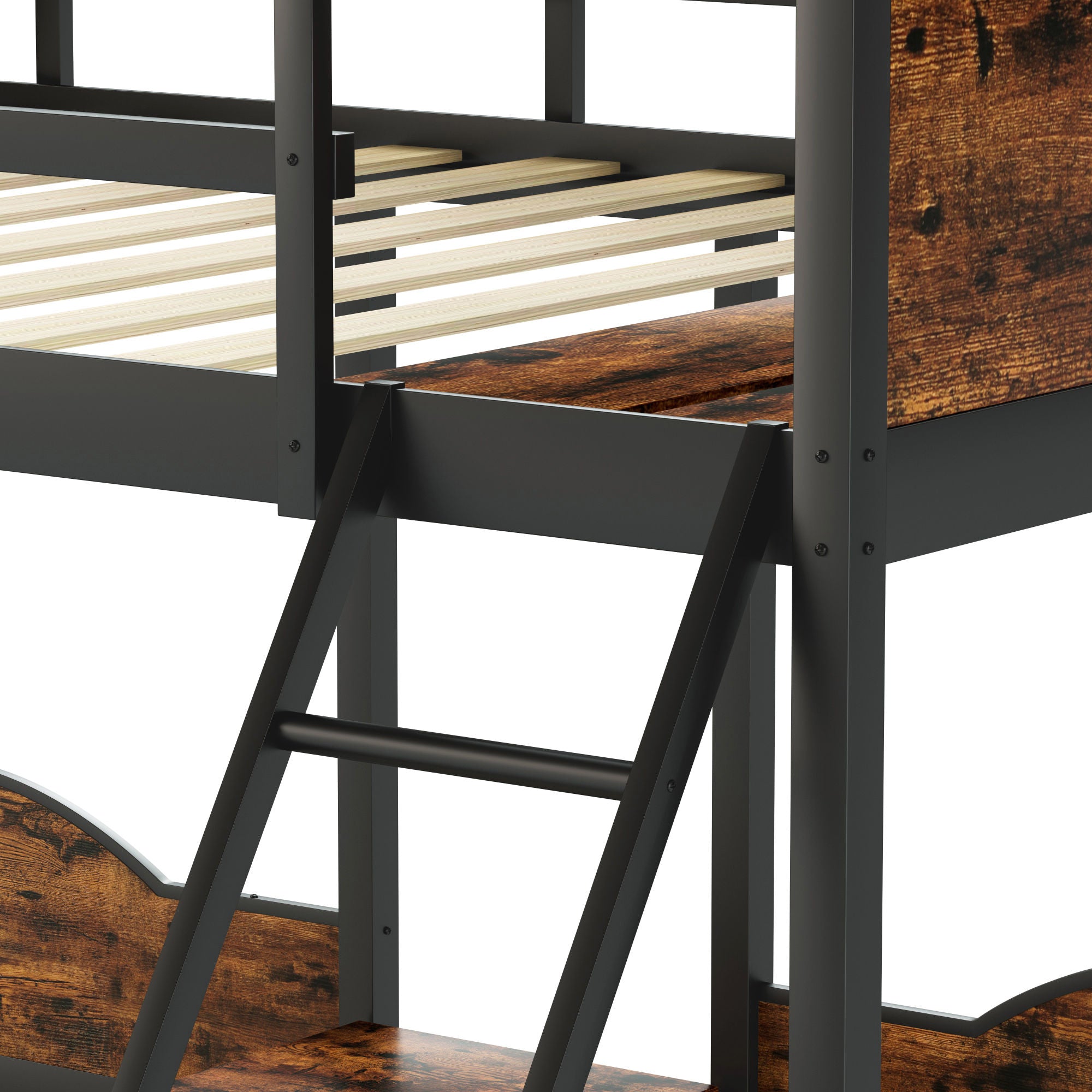 Full Over Twin & Twin Bunk Bed Metal With Nightstand and Guardrails.