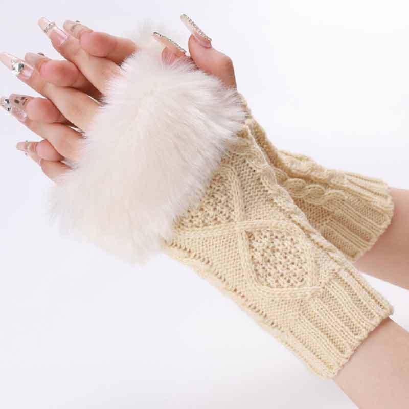 Autumn & Winter Knit Gloves Ribbing Crochet Gloves Women's Plush Warm Fingerless Gloves