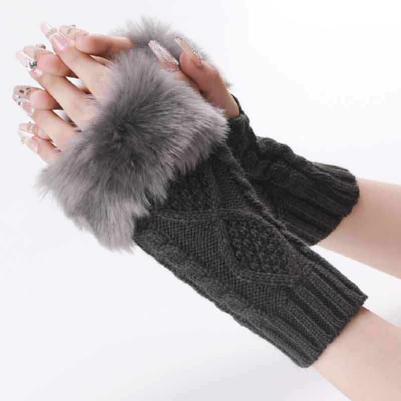 Autumn & Winter Knit Gloves Ribbing Crochet Gloves Women's Plush Warm Fingerless Gloves