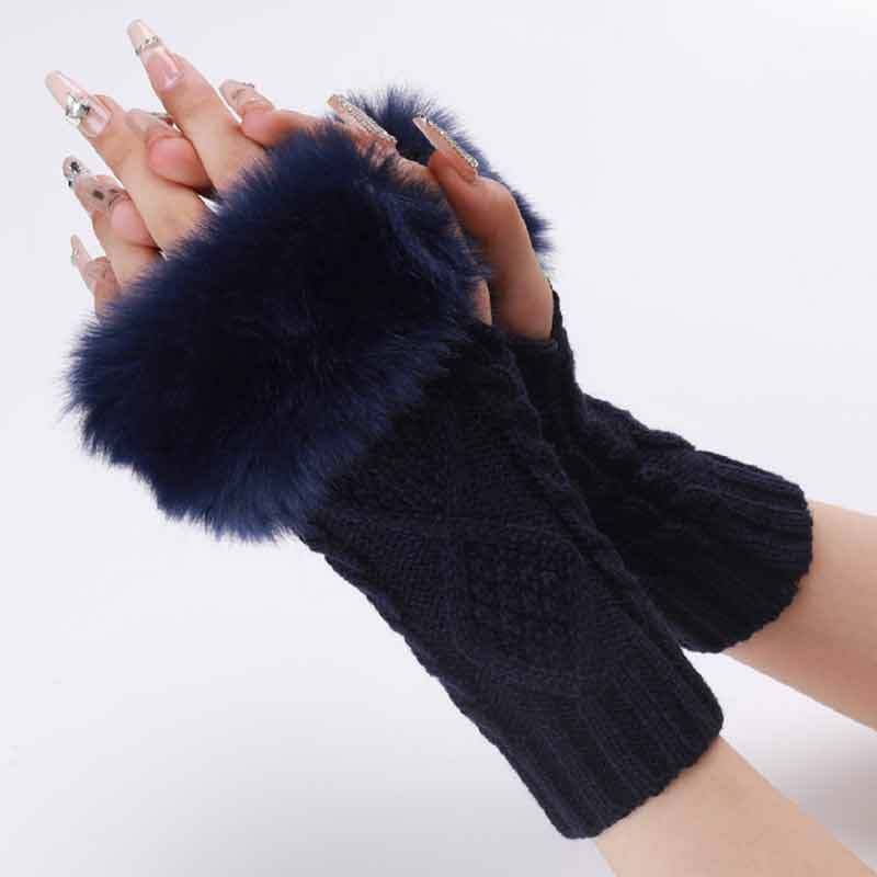 Autumn & Winter Knit Gloves Ribbing Crochet Gloves Women's Plush Warm Fingerless Gloves