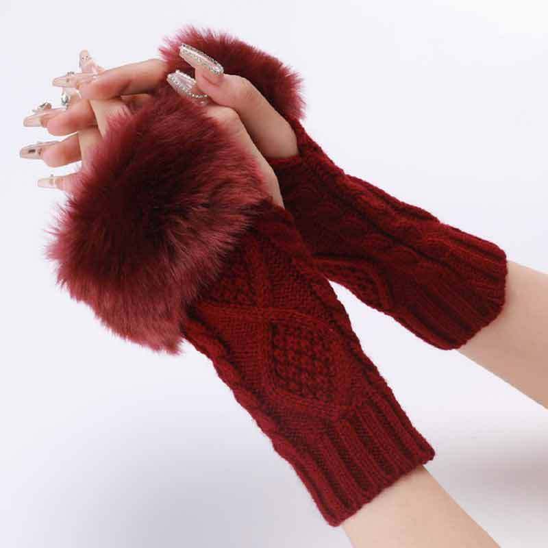 Autumn & Winter Knit Gloves Ribbing Crochet Gloves Women's Plush Warm Fingerless Gloves