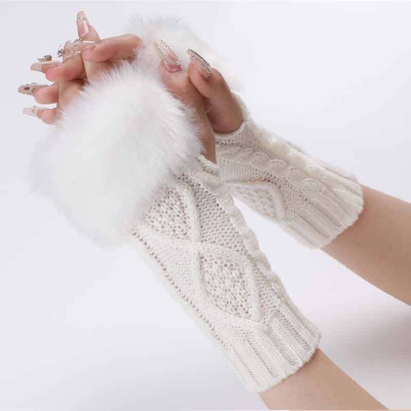 Autumn & Winter Knit Gloves Ribbing Crochet Gloves Women's Plush Warm Fingerless Gloves