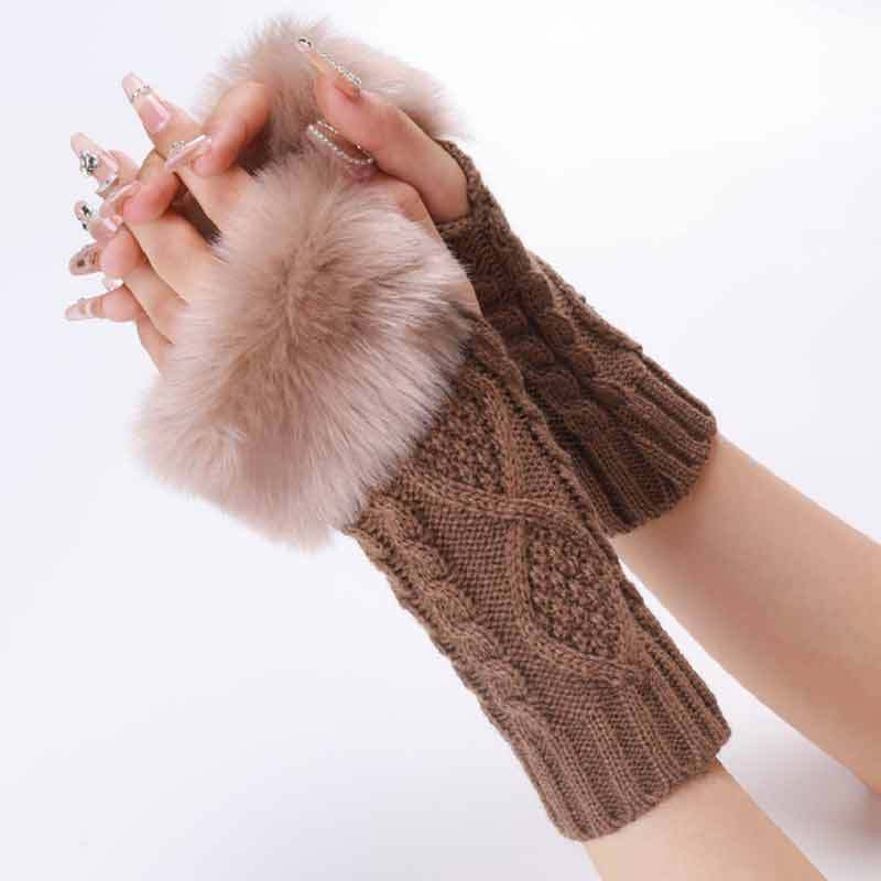 Autumn & Winter Knit Gloves Ribbing Crochet Gloves Women's Plush Warm Fingerless Gloves