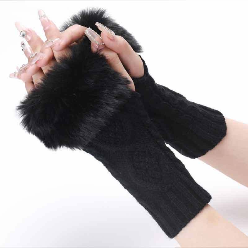 Autumn & Winter Knit Gloves Ribbing Crochet Gloves Women's Plush Warm Fingerless Gloves