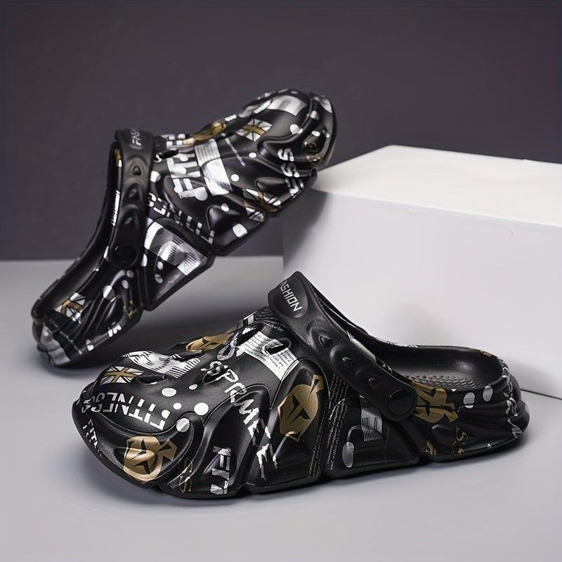 Men's Graffiti Print Lightweight Comfy Clogs; Hollow Out Non-Slip Garden Shoes; Summer