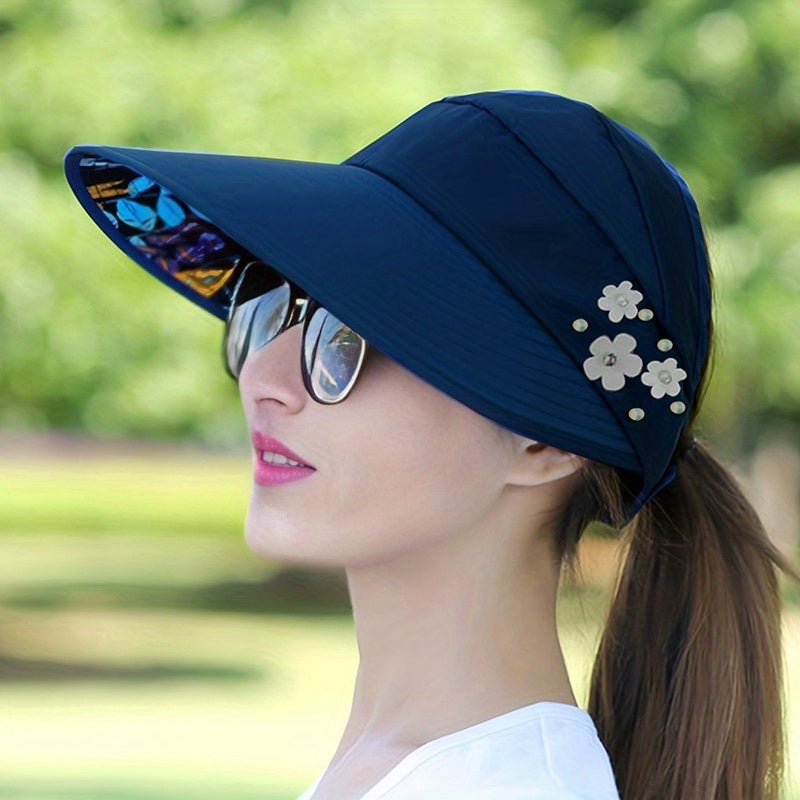 Wide Brim Sun Visor Foldable Picnic Hat Beach UV Protection Scallop Cap For Outdoor With Faux Pearl & Flower; Women's Hat & Caps