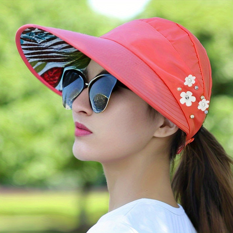 Wide Brim Sun Visor Foldable Picnic Hat Beach UV Protection Scallop Cap For Outdoor With Faux Pearl & Flower; Women's Hat & Caps