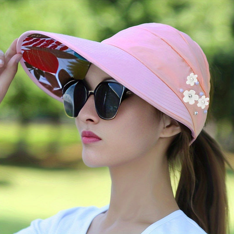 Wide Brim Sun Visor Foldable Picnic Hat Beach UV Protection Scallop Cap For Outdoor With Faux Pearl & Flower; Women's Hat & Caps