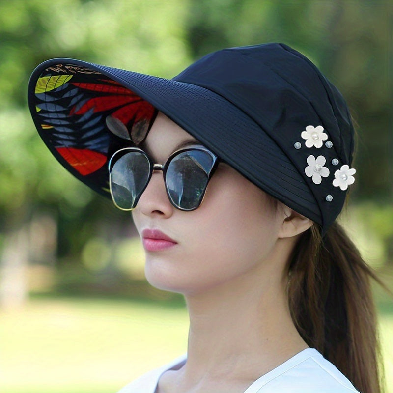 Wide Brim Sun Visor Foldable Picnic Hat Beach UV Protection Scallop Cap For Outdoor With Faux Pearl & Flower; Women's Hat & Caps