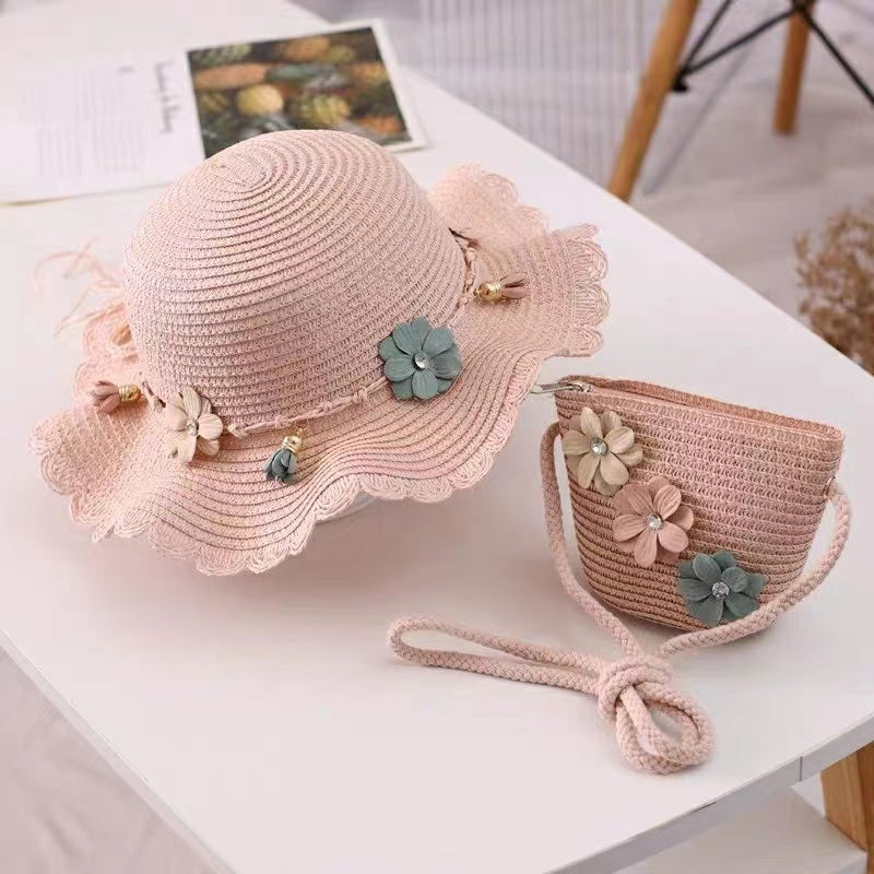 2pcs Girls Flowers Decor Lace Trim Sun Protection Straw Hat Beach Sun Hat & Zipper Straw Bag Set For Summer Outdoor Activities