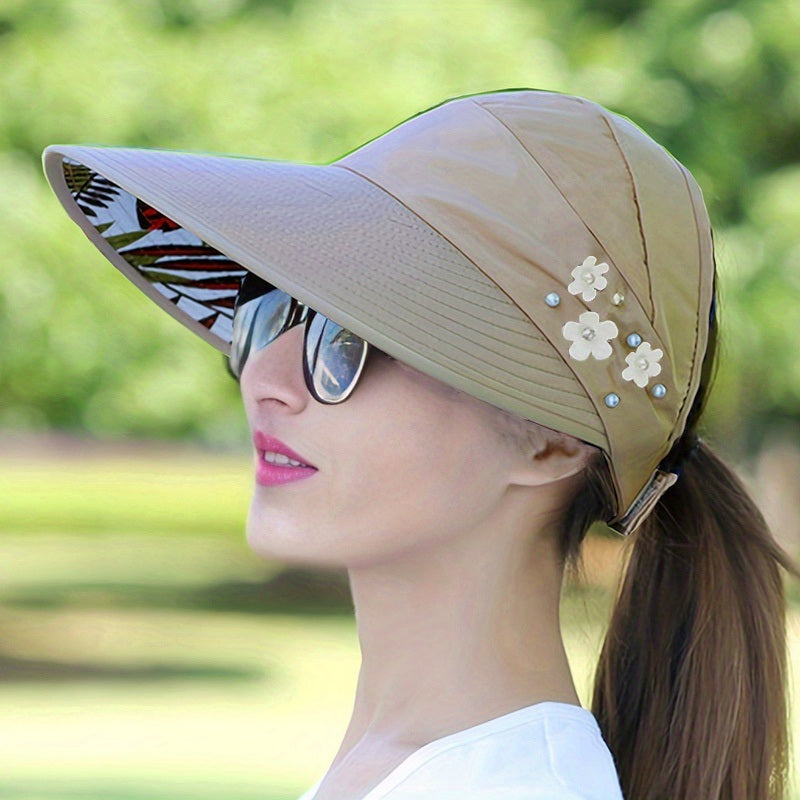 Wide Brim Sun Visor Foldable Picnic Hat Beach UV Protection Scallop Cap For Outdoor With Faux Pearl & Flower; Women's Hat & Caps