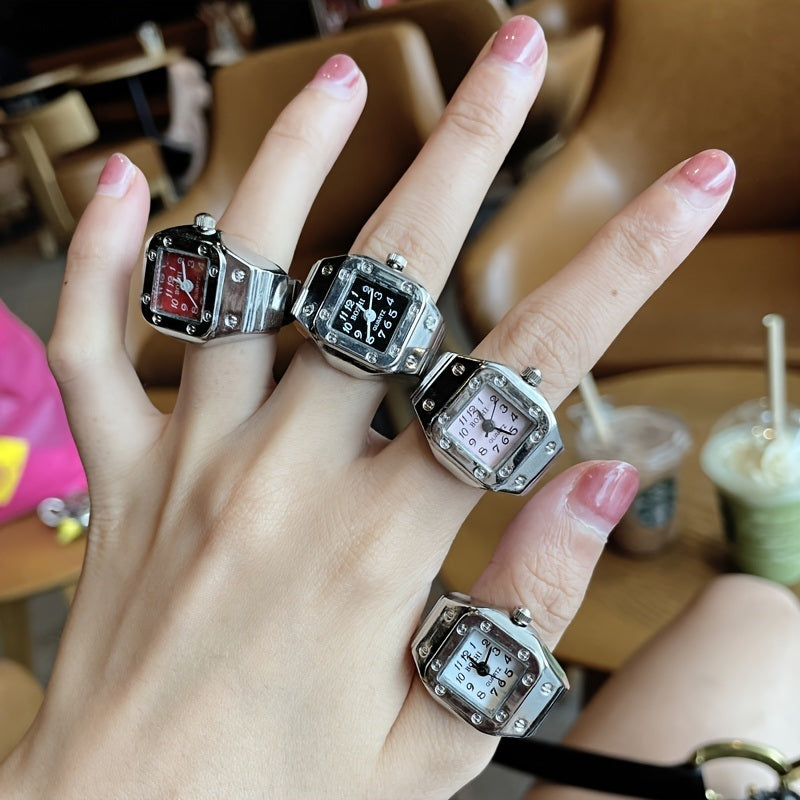 Mini Finger Ring Watch Square Quartz Easy Reader Watch Alloy Case Watch 4 Colors Valentine's Day Gift For Her