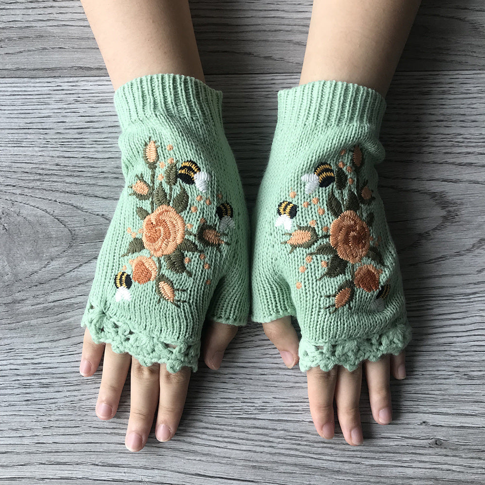 Flower Hand Knit Fingerless Gloves for Women - Handmade Embroidered Adult Knit Gloves