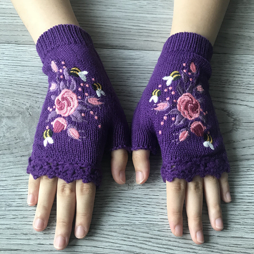 Flower Hand Knit Fingerless Gloves for Women - Handmade Embroidered Adult Knit Gloves