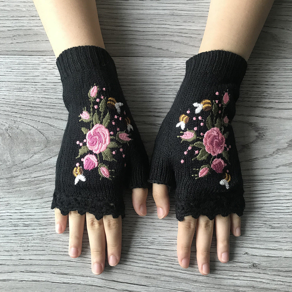 Flower Hand Knit Fingerless Gloves for Women - Handmade Embroidered Adult Knit Gloves