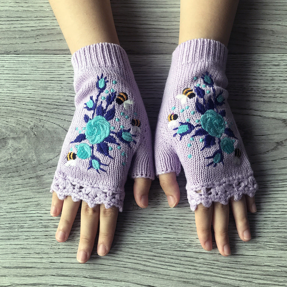 Flower Hand Knit Fingerless Gloves for Women - Handmade Embroidered Adult Knit Gloves