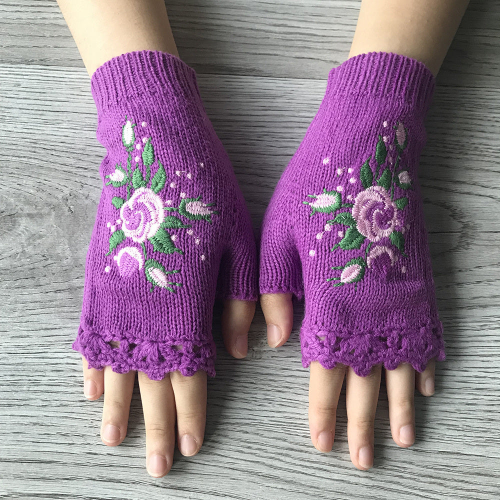 Flower Hand Knit Fingerless Gloves for Women - Handmade Embroidered Adult Knit Gloves