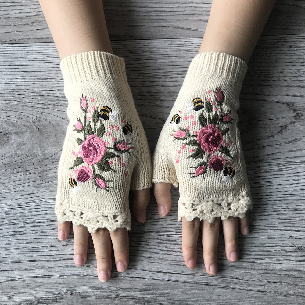 Flower Hand Knit Fingerless Gloves for Women - Handmade Embroidered Adult Knit Gloves