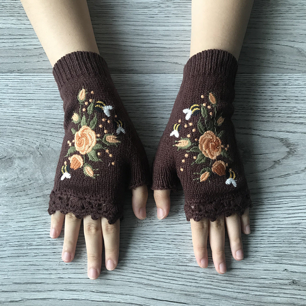 Flower Hand Knit Fingerless Gloves for Women - Handmade Embroidered Adult Knit Gloves