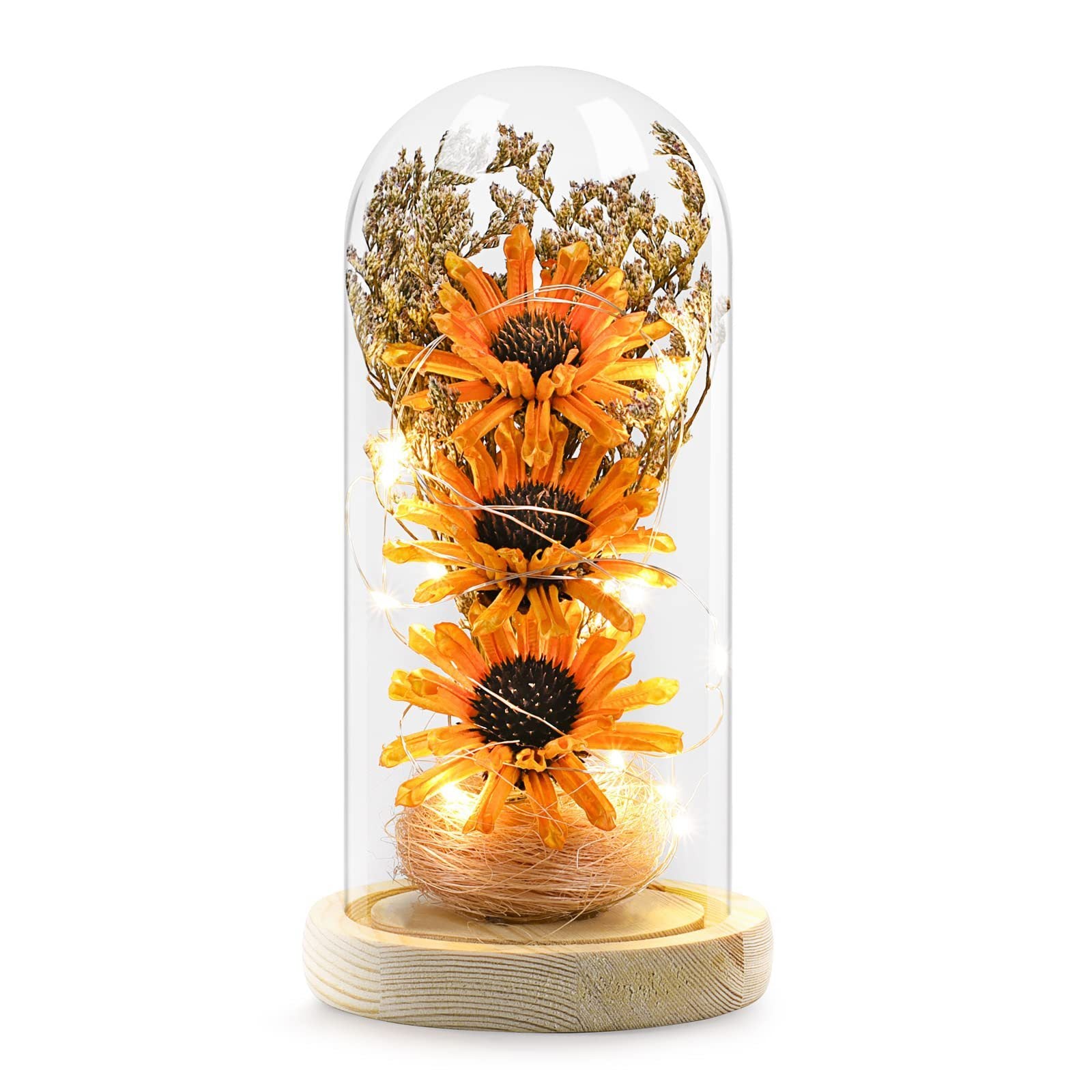 Artificial Sunflower in Glass Dome with Lights ;  Eternal Sunflower Gifts for Women