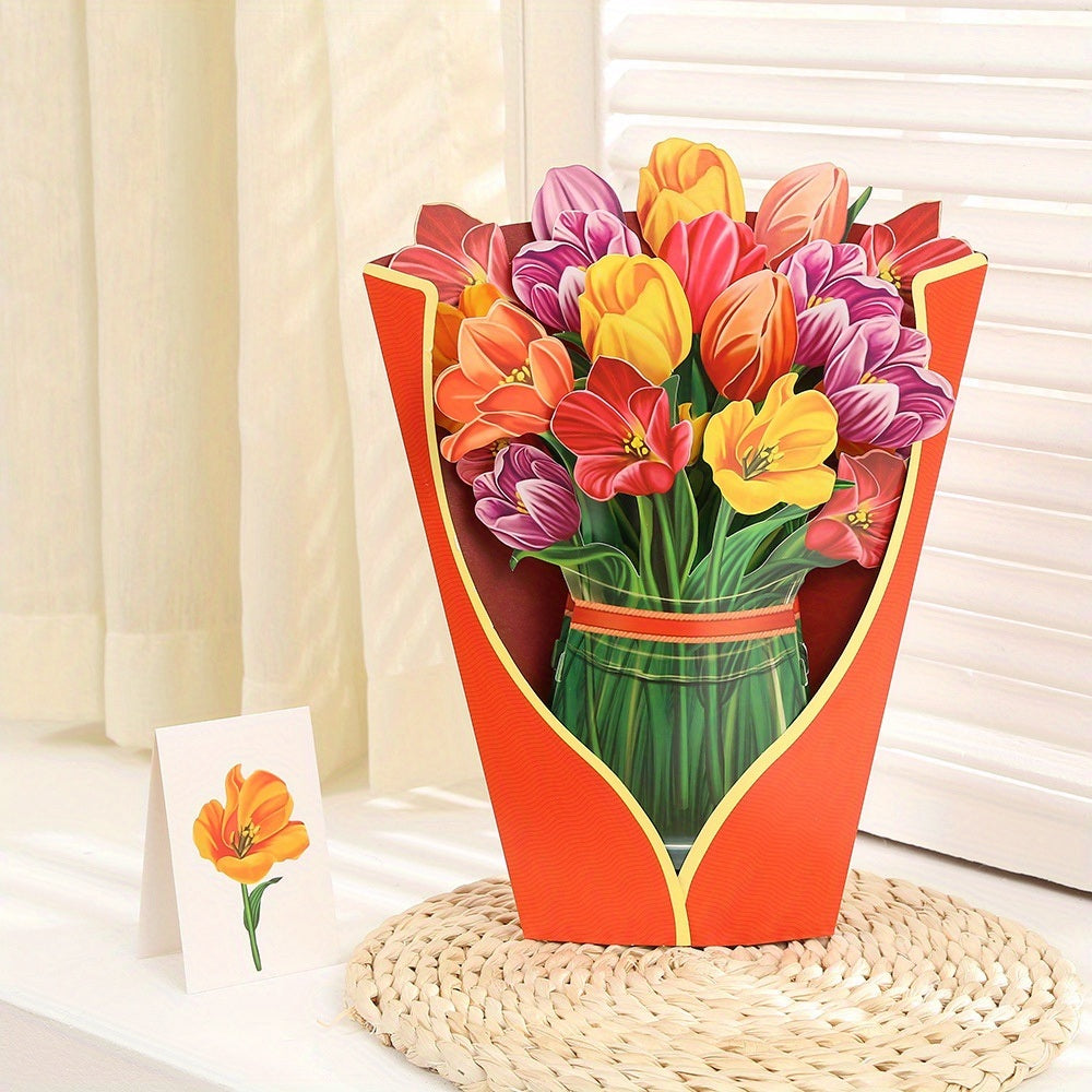 1pc; Pop Up Cards 11.4inch; Life Sized Forever Flower Bouquet 3D Popup Paper Flower Easter Mother's Day Greeting Cards With Note Card And Envelope