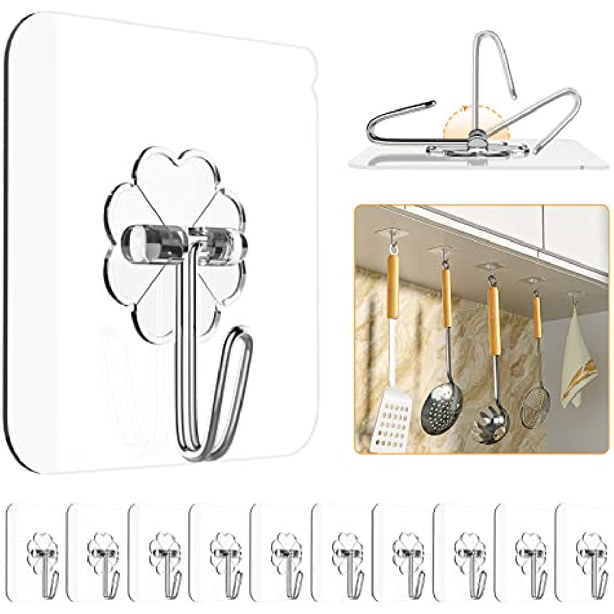 probebi Adhesive Hooks for Hanging Heavy Duty; 12 Pack Wall Hooks 13lb(Max); Sticky Hooks Waterproof; Wall Hangers Without Nails; Kitchen Hooks; Bathroom Hooks; Indoor Use for Home & Office