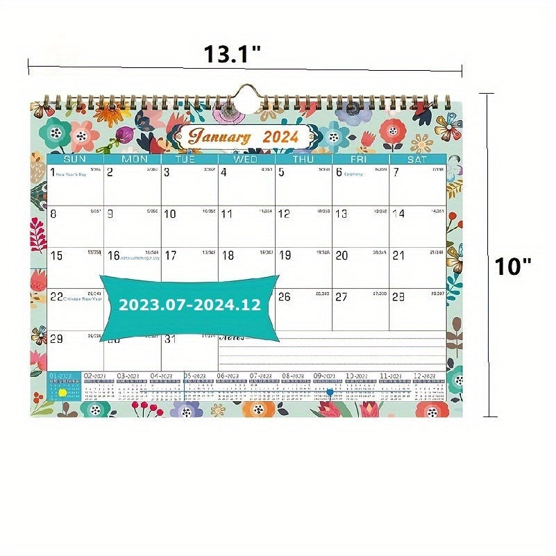 Wall Calendar 2023.7-2024.12 With18 Months,July 2023-December 2024,13.''x10'' Twin-Wire Binding+Hanging Hook +Ruled Blocks,Countdown Design Floral Calendar For Planning Organizing Your Home Office