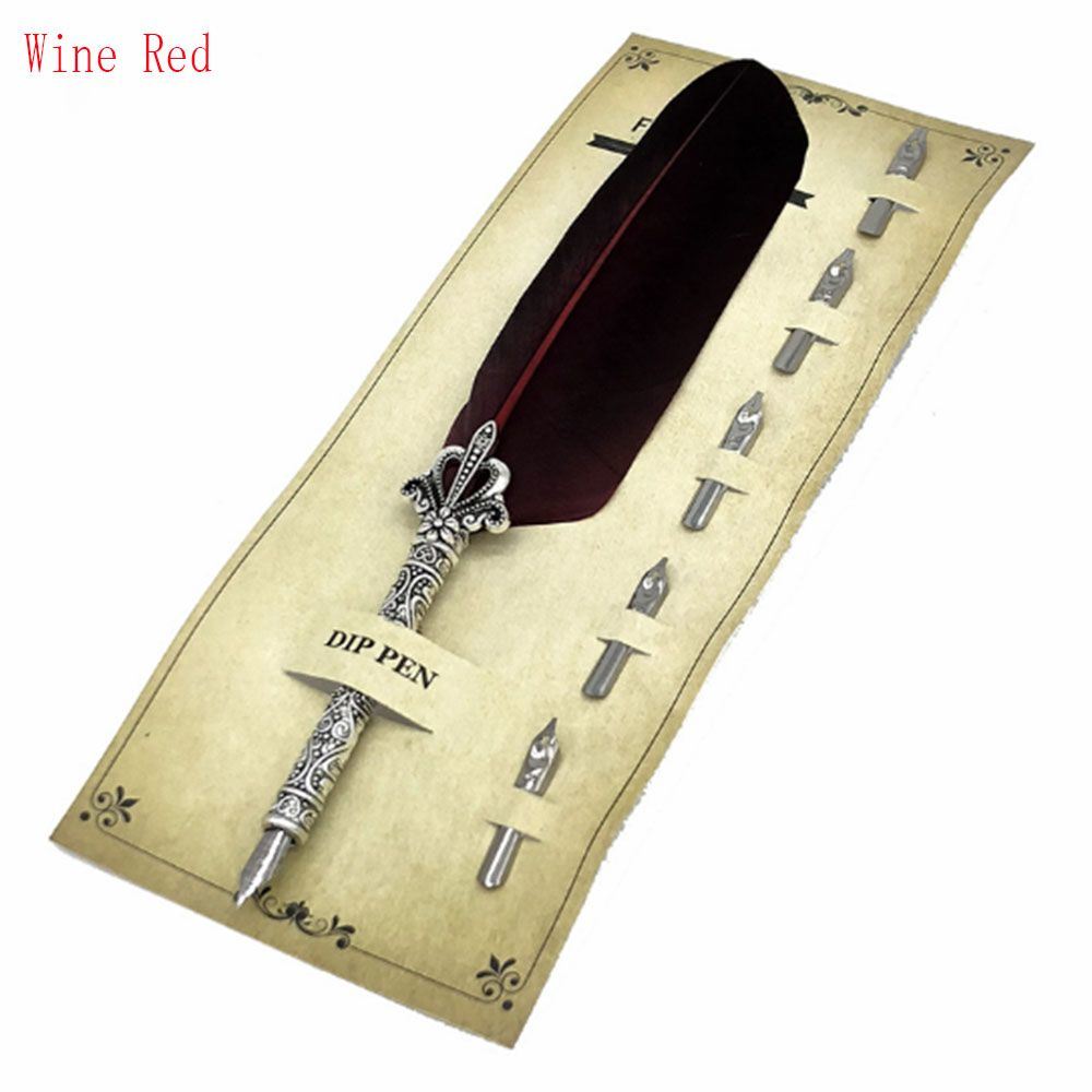1 Set Vintage Quill Dip Pen Turkey Feather Pen Quill Oblique + 5 Nibs+ Pen Set Gift