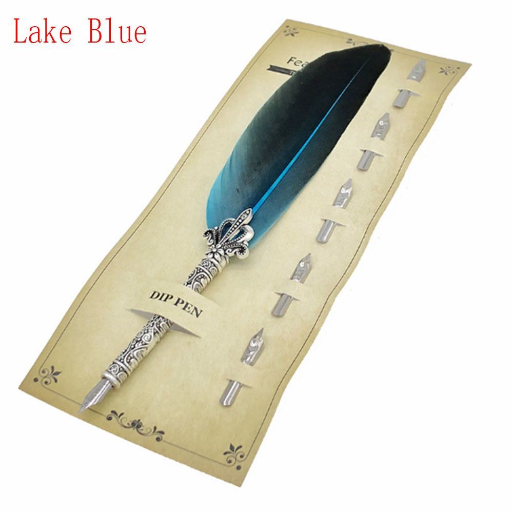 1 Set Vintage Quill Dip Pen Turkey Feather Pen Quill Oblique + 5 Nibs+ Pen Set Gift