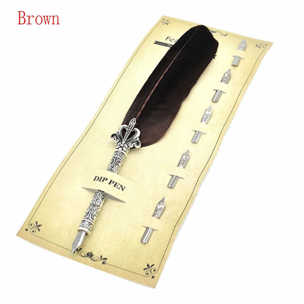 1 Set Vintage Quill Dip Pen Turkey Feather Pen Quill Oblique + 5 Nibs+ Pen Set Gift
