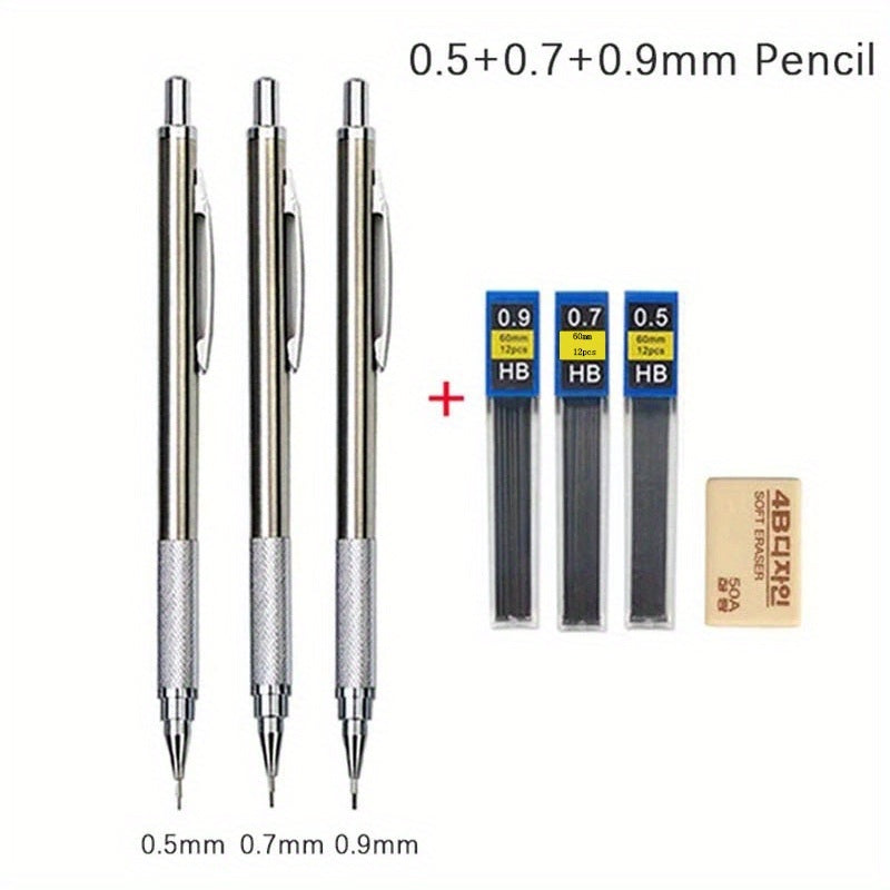 0.3/0.5/0.7/0.9/1.3/2.0mm Mechanical Pencil Set Full Metal Art Drawing Painting Automatic Pencil With Leads,Office School Supply