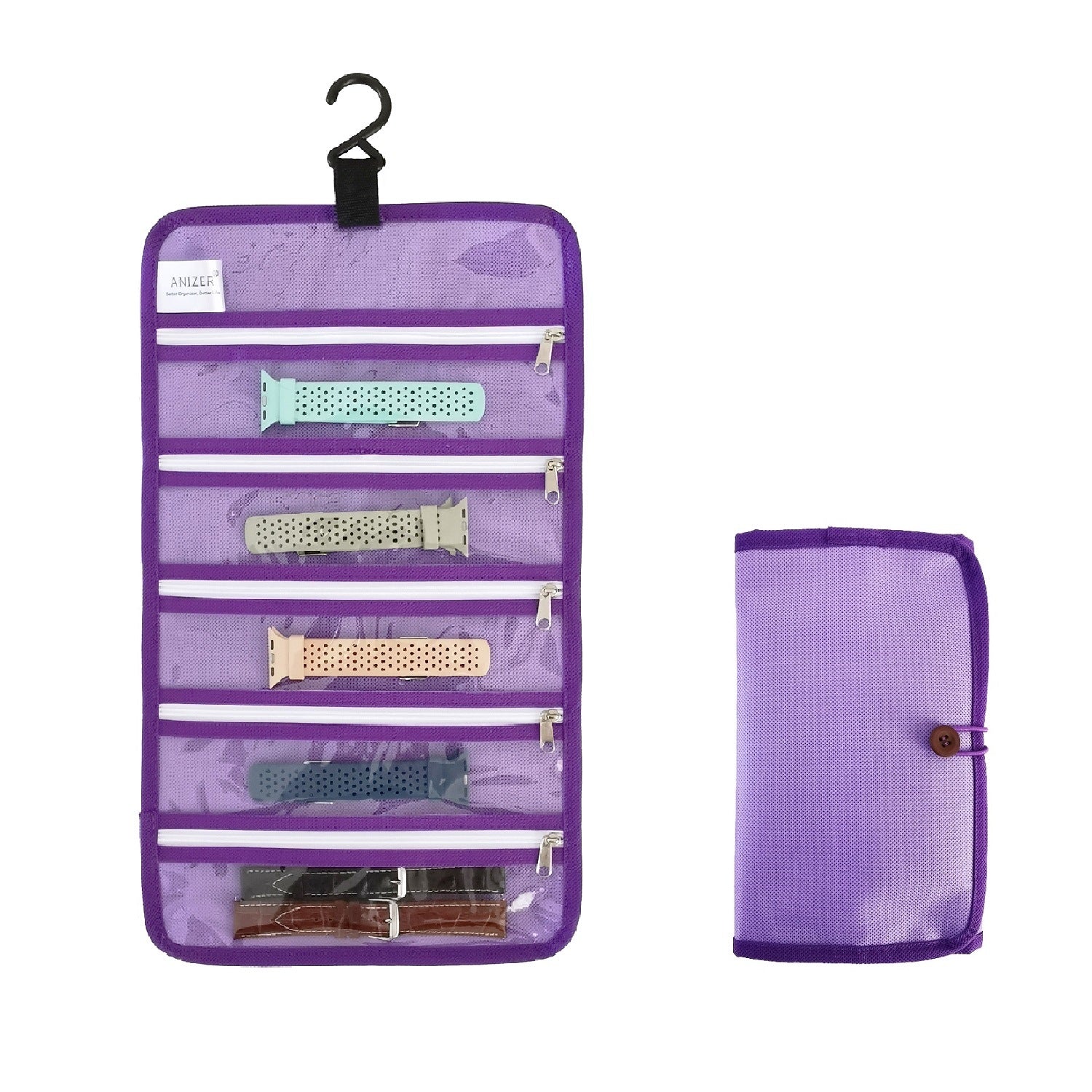 1pc Watch Band Storage Roll Holders Hanging Organizer For Watch Band Straps Accessories With 5 Zippered Clear Pockets