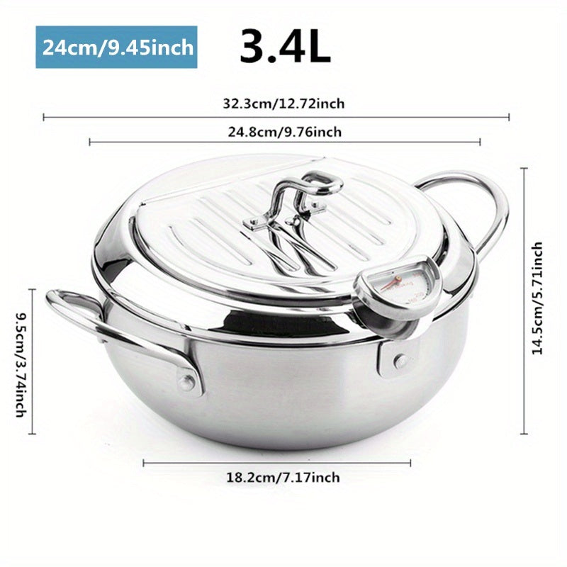 1pc Tempura Deep Fry Pot, Thickened 304 Stainless Steel Tempura Fryer With Thermometer, Japanese Style Tempura Fryer Pan