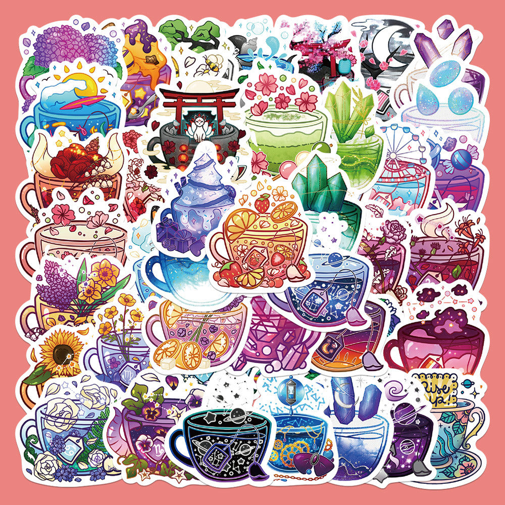 49Pcs Fresh Cartoon Tea Cup Series Graffiti Waterproof Stickers For Laptop PC Computer Mobile Smartphones Laptop Computer Desktop Cup