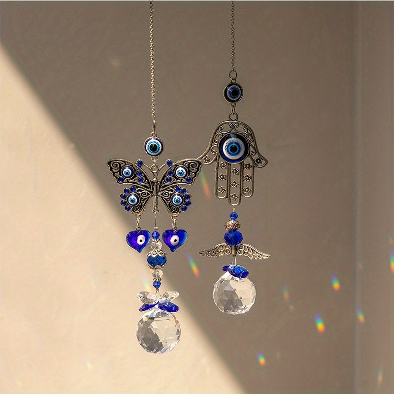 1pc Crystal Sun Catchers, Blue Butterfly Evil Eye Suncatcher Indoor Window With Prism Ball, Sunlight Rainbow Maker Good Luck Hanging Crystals Ornament For Home, Garden, Office, Car Pendant, Wedding